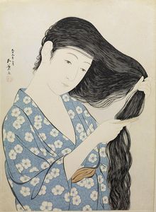 Woman In Blue Combing Her Hair