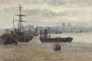 Beached Ships With A Townscape In The Distance