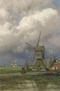 风车在荷兰一个圩田景观