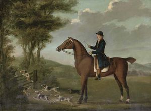 A Huntsman On His Hunter In An Extensive Landscape, With Hounds Jumping A Gate