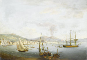 烟雨本地船只一位英国商船在那不勒斯湾