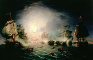吹 向上  的 法国 Commander's 船 L'orient  在 战斗  的 尼罗河