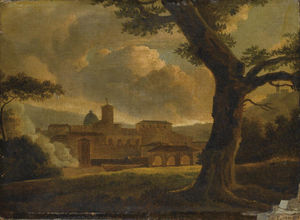 For An Italian Village In A Landscape With The Dome Of Church In The Background