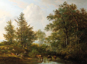 一个 牧羊女 和牛 通过休息 一个 树木繁茂 池塘