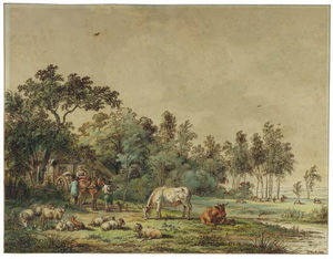 一个树木繁茂的景观 与 农民和 牛 由 农场