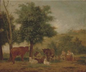 A Young Couple Resting Under A Tree With Animal Companions