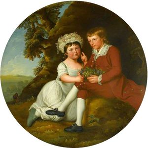 portrait d un garçon et un fille avec un corbeille de fruits idans un paysage