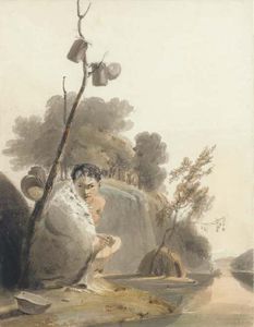 An African Korah Chieftain's Daughter, Wearing An Animal Skin, Crouching By A River
