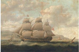 A Royal Naval tre piani che passava una fortezza spagnola durante il blocco napoleonico