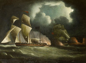 A Royal Navy Brig Chasing et engageant une bien armés Pirate Lugger