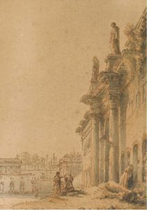 A Capriccio Palace With Temple And Two Figures In The Foreground