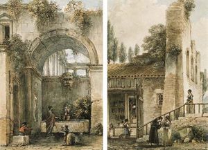 数字  在 喷泉 下面 拱 的 一个 罗马 废墟 ;  和 女人 一个 祭坛 , 一个 僧 和两个 其他妇女 通过 遗址