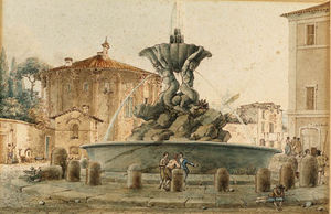 The Fountain Of The Piazza Santa Maria In Cosmedin With The Temple Of Cybele, Saint Peter In The Background, Rome