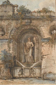 查看一 古 雕像 喷泉 用 垂褶 女人在 壁龛