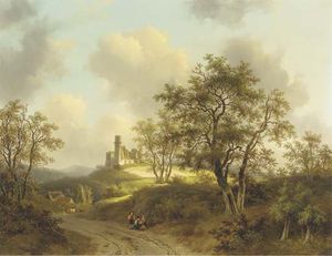 Figures Resting On A Country Road In A Wooded Landscape