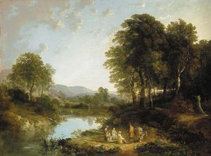 un boisé paysage rivière avec silhouettes à au premier plan , Traditionnellement identifié comme 'on Le Teign'