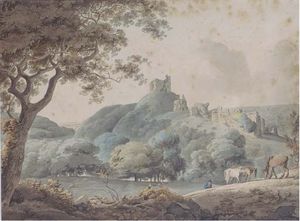 Horses Grazing In A Rural Landscape With Castle Ruins Beyond