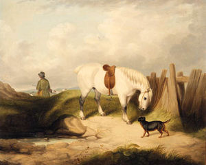 A Gamekeeper With A Grey Pony And A Dog In A Landscape