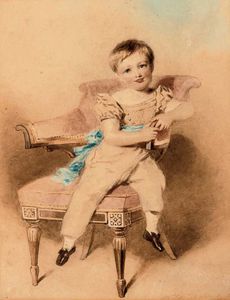 portrait d un garçon , Assis , portant un bleu sash