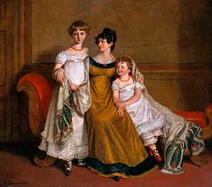 portrait de une femme avec deux les enfants en Une intérieur domestique
