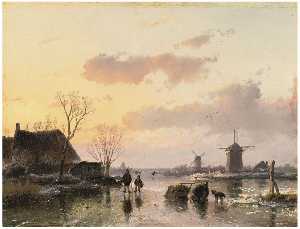 A Winter Landscape With Windmills On The Horizon