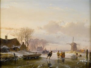 Skater und Figuren auf einem gefrorenen Fluss, Haarlem in der Ferne