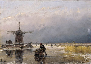 Skaters On A Frozen Waterway By A Windmill