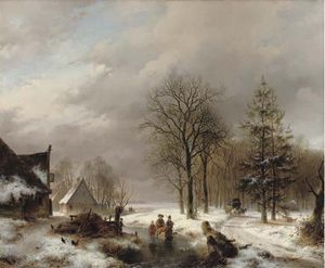 Villagers On The Ice By Farmhouses, A Diligence Approaching
