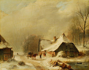 Winter Landscape With Horse And Carriage In Front Of A Snowy Farm