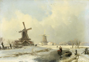 Winter Landscape With Two Windmills