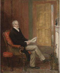 紳士の肖像画は、新聞を読んで、暖炉の前に、フルレングス着席します