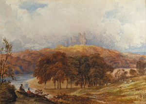 una vista di penrhyn` castello , Il galles , con figure in primo piano