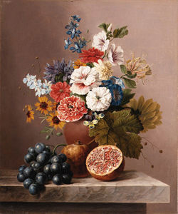 Flowers In A Vase With Grapes And Pomegranates On A Stone Ledge