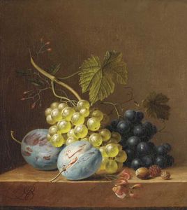 Grapes, Plums, Rasberries And An Acorn On A Wooden Ledge
