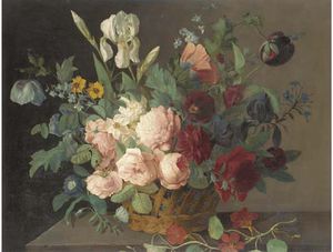 Roses, Narcissi, Irises, Tulips And Other Flowers In A Basket On A Stone Ledge