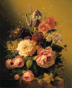 Roses, Peonies, An Iris And Other Assorted Flowers In A Terracotta Vase On A Stone Ledge