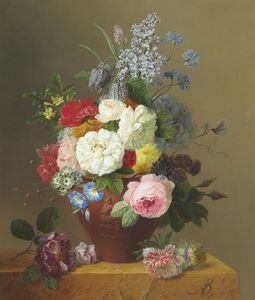 Roses, Poppies, Cornflowers, Convulvulus, Jasmine, Fritilleries, A Primula, A Peony, And Lilac In A Terracotta Vase With A Sprig Of Roses And Other Flowers On A Stone Ledge