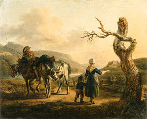 A Traveller On Horseback Conversing With A Mother And Child On A Path