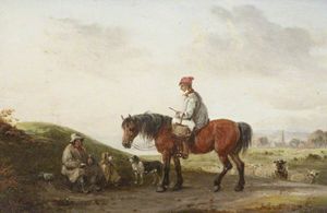 一个男孩在马背上谈话录有了一个乡下人在路边