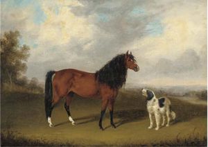 A Grey With A Dog In A Parkland; And A Chestnut Horse With A Dog In An Extensive Landscape