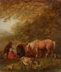 Gypsy Encampment With Horse And Donkey