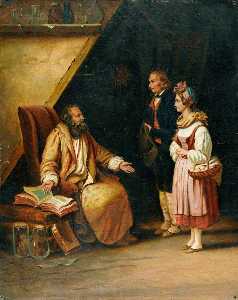 un joven visita pareja Un savant que consulta volúmenes antiguos en orden para proveer Asesoramiento a ellos