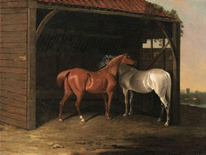 A Chestnut Hunter And A Grey Hunter By A Manger, With A River Landscape Beyond