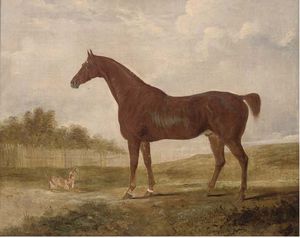A Chestnut Hunter And A Terrier In An Extensive Landscape