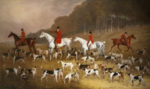 Monsieur jacob astley , 6th Bt , 16th baron hastings , sur une gris hunter , avec huntsmen et des chiens Au Melton Gendarme