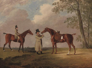 Two Gentlemen With Their Hunters, In An Extensive Landscape