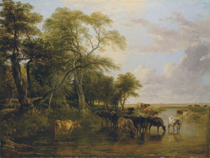 A Woody Fluss-Szene, mit Kühen Bewässerung