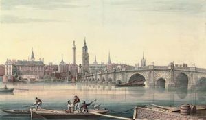 View Of Old London Bridge From The South Bank Looking Towards Fishmongers Hall And The Monument