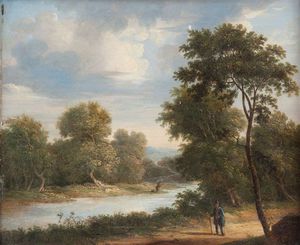 Un Viaggiatore su un Sul fiume strada con Un Pescatore in lontananza