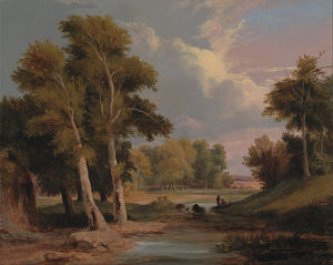 un boisé fleuve  Paysage  avec  des pêcheurs